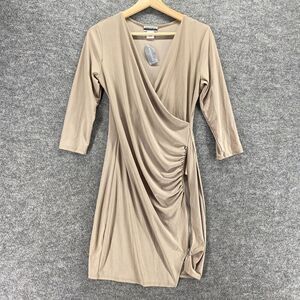 New Contempo Dress Women L Large Beige Sheath Short V-Neck Long Sleeve Casual